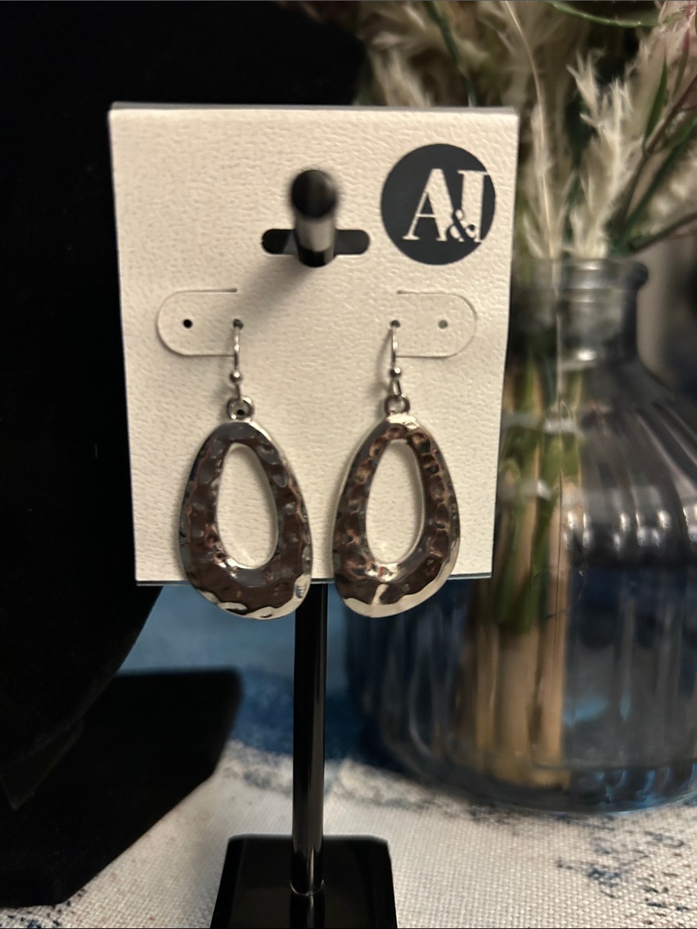 Silver Hammered Teardrop Drop Earrings - Silver